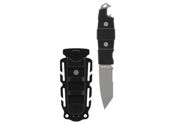 A black tactical pocket knife with a silver blade next to its matching black plastic sheath, shown on a plain white background.