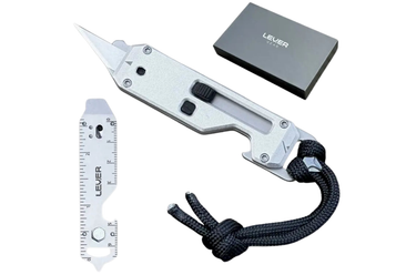 A silver folding multi-tool knife with a black paracord lanyard, shown alongside its matching silver ruler attachment and a dark gray LEVER brand box on a white background.
