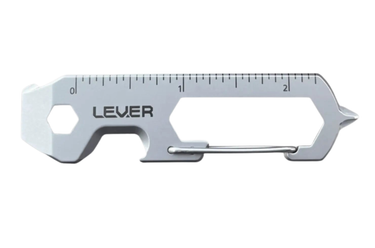 A silver metal multi-tool pocket knife with a built-in ruler scale and a carabiner clip, featuring the brand name 'LEVER' printed on the side.