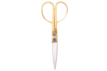 A pair of scissors with shiny brass handles and silver metal blades, isolated on a solid white background.