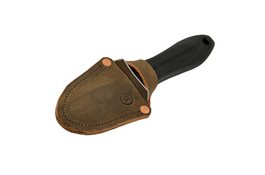 An oyster knife with a black handle and a brown leather sheath, featuring a steel blade and brass accents.