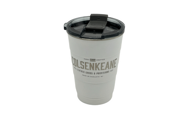 A white insulated travel mug with the ColsenKeane logo on it, featuring a lid and a straw.