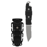 A black tactical pocket knife with a silver blade next to its matching black plastic sheath, shown on a plain white background.