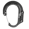 A black GEAR-AID carabiner with a silver metal spring-loaded gate and white printed specifications on a solid white background.
