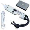 A silver folding multi-tool knife with a black paracord lanyard, shown alongside its matching silver ruler attachment and a dark gray LEVER brand box on a white background.