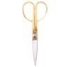 A pair of scissors with shiny brass handles and silver metal blades, isolated on a solid white background.