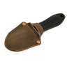 An oyster knife with a black handle and a brown leather sheath, featuring a steel blade and brass accents.