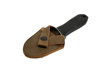 An oyster knife with a black handle and a brown leather sheath, featuring a steel blade and brass accents.